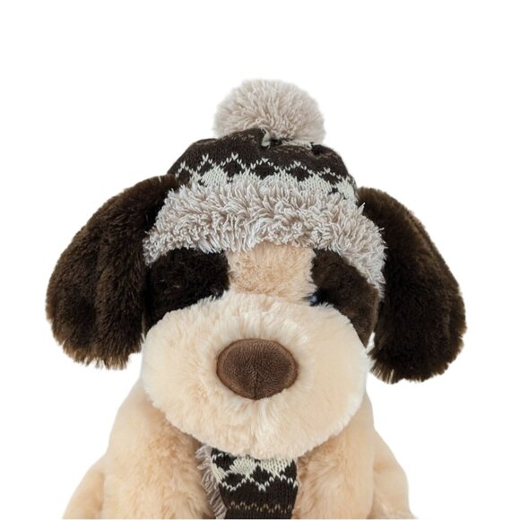 HugFun Puppy Dog Plush 11" Tan & Brown Stuffed Animal Toy Knit Cap Scarf - Picture 2 of 7